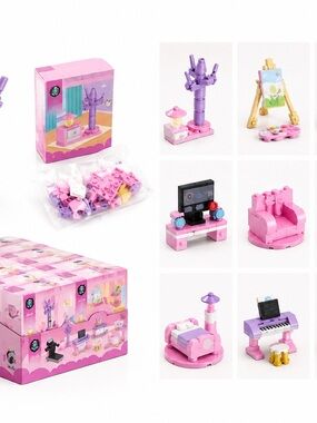 Mini Pink & Purple Dollhouse Building Block Playset - Furniture Kit 12 sets